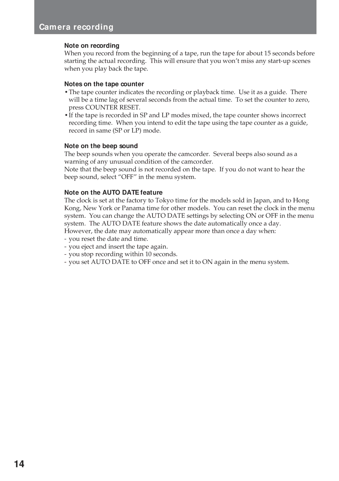 Sony CCD-TR311 operating instructions Camera recording 