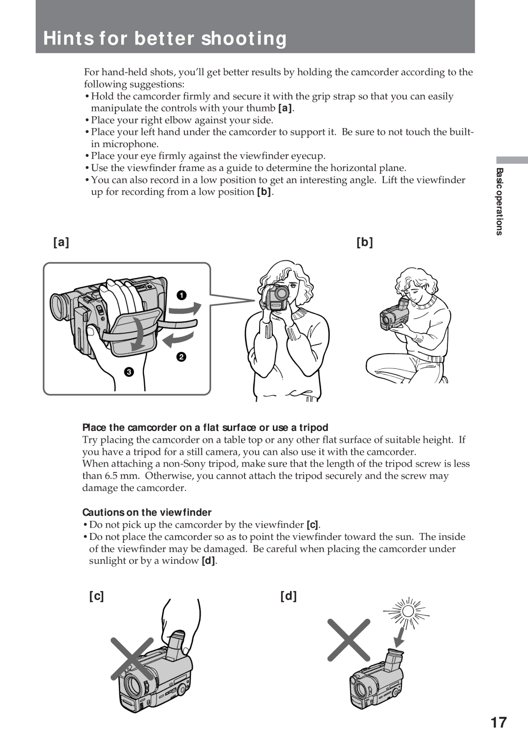 Sony CCD-TR311 operating instructions Hints for better shooting, Place the camcorder on a flat surface or use a tripod 