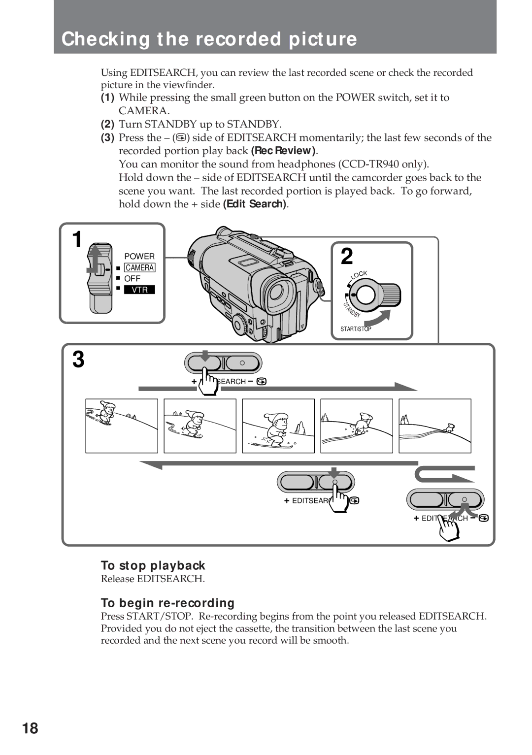 Sony CCD-TR311 operating instructions Checking the recorded picture, To stop playback, To begin re-recording 