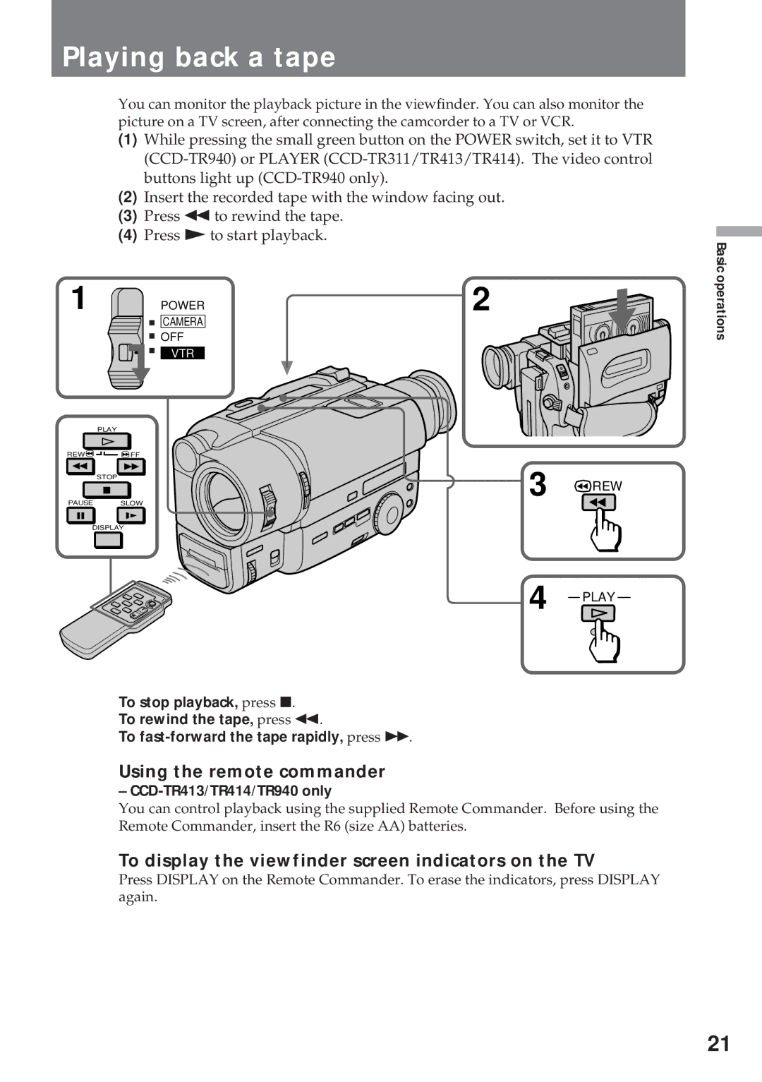 Sony CCD-TR311 Playing back a tape, Using the remote commander, To display the viewfinder screen indicators on the TV 