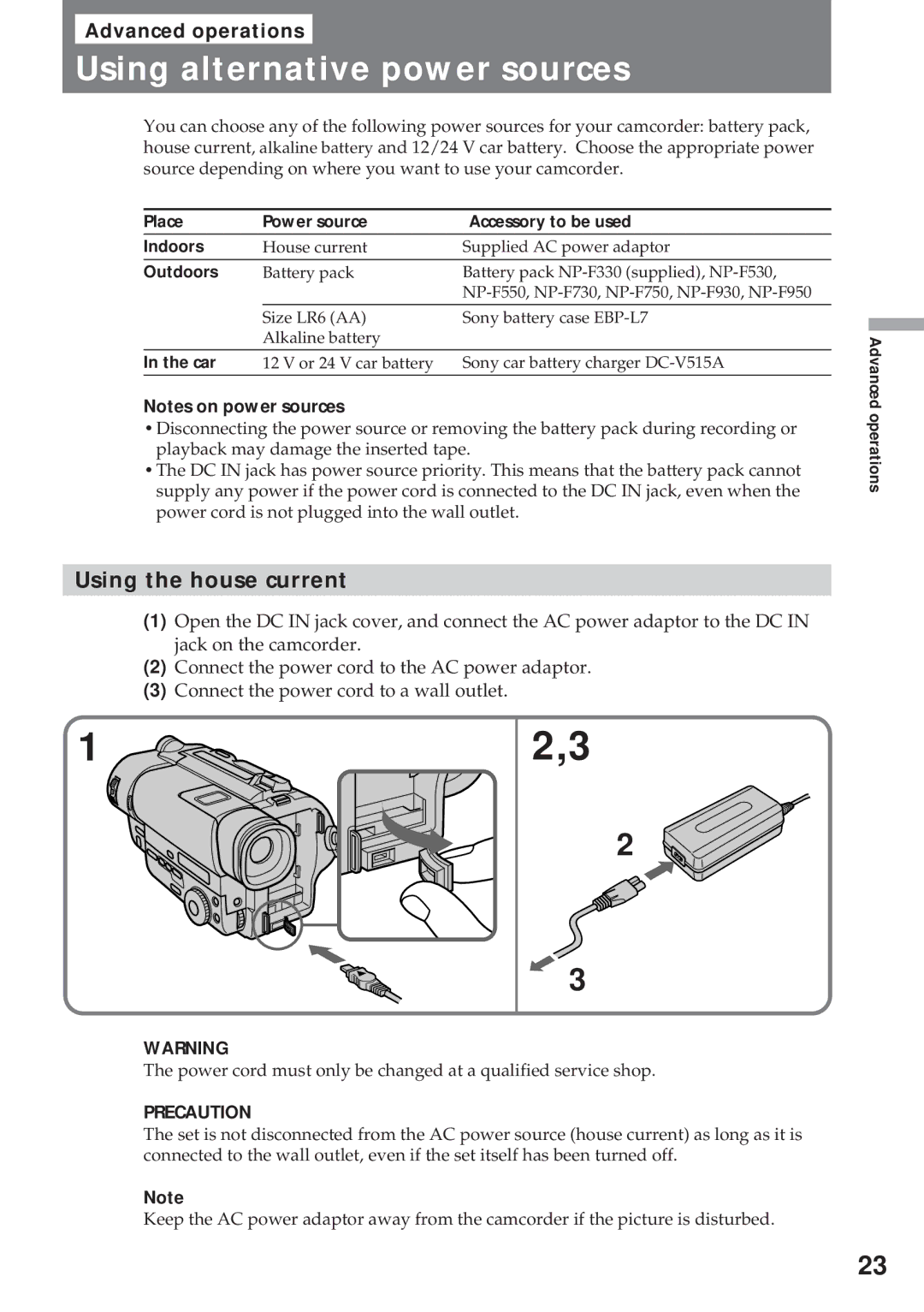 Sony CCD-TR311 operating instructions Using alternative power sources, Using the house current 