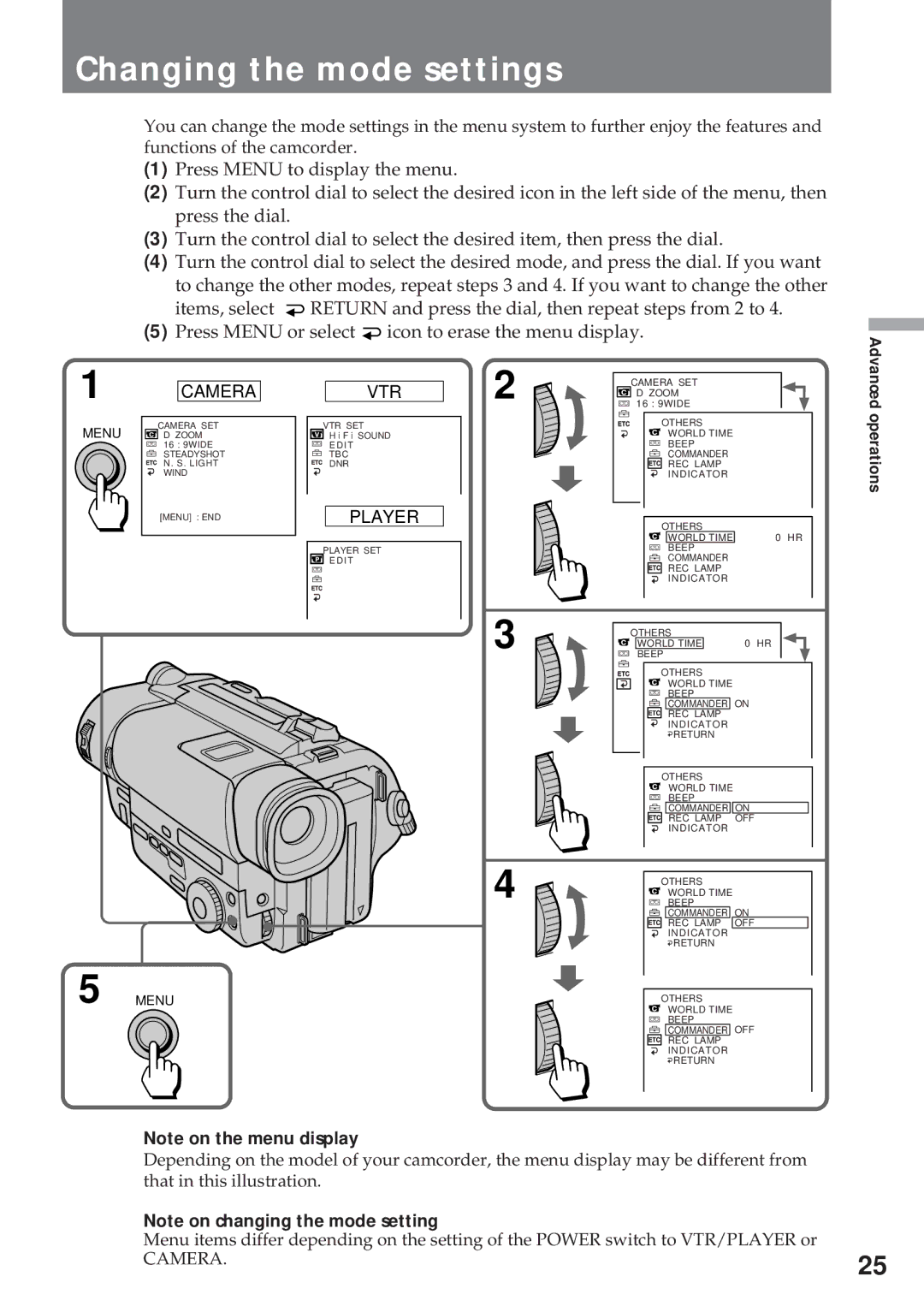 Sony CCD-TR311 operating instructions Changing the mode settings, Player 