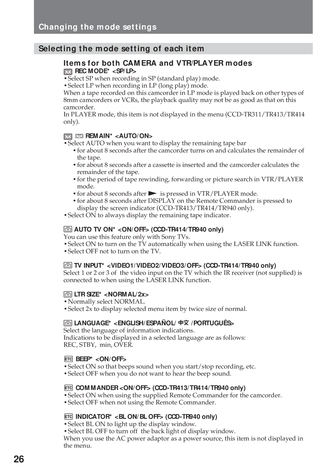 Sony CCD-TR311 operating instructions Changing the mode settings 