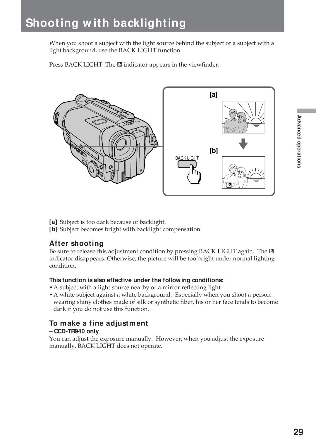 Sony CCD-TR311 operating instructions Shooting with backlighting, After shooting, To make a fine adjustment 