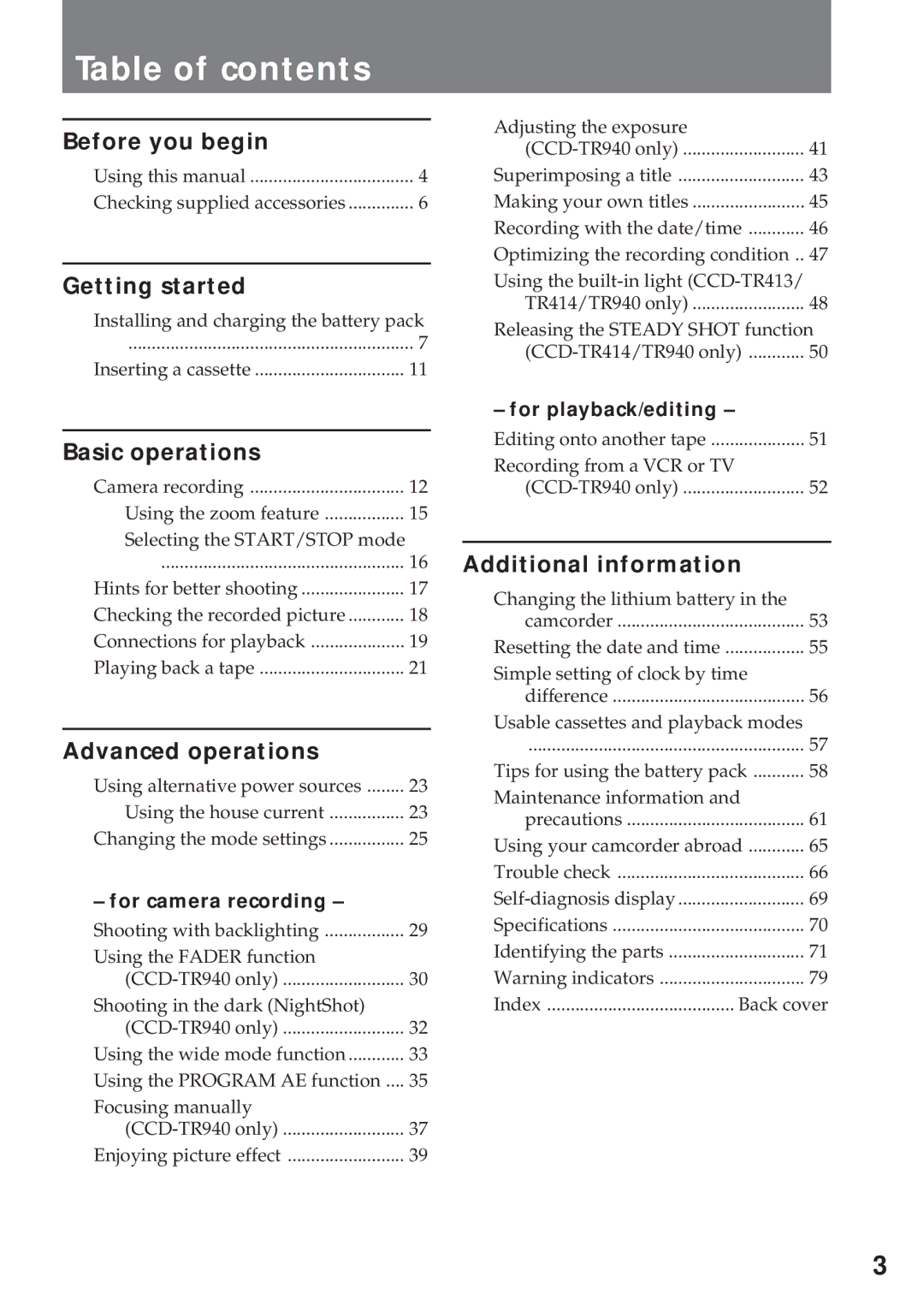 Sony CCD-TR311 operating instructions Table of contents 