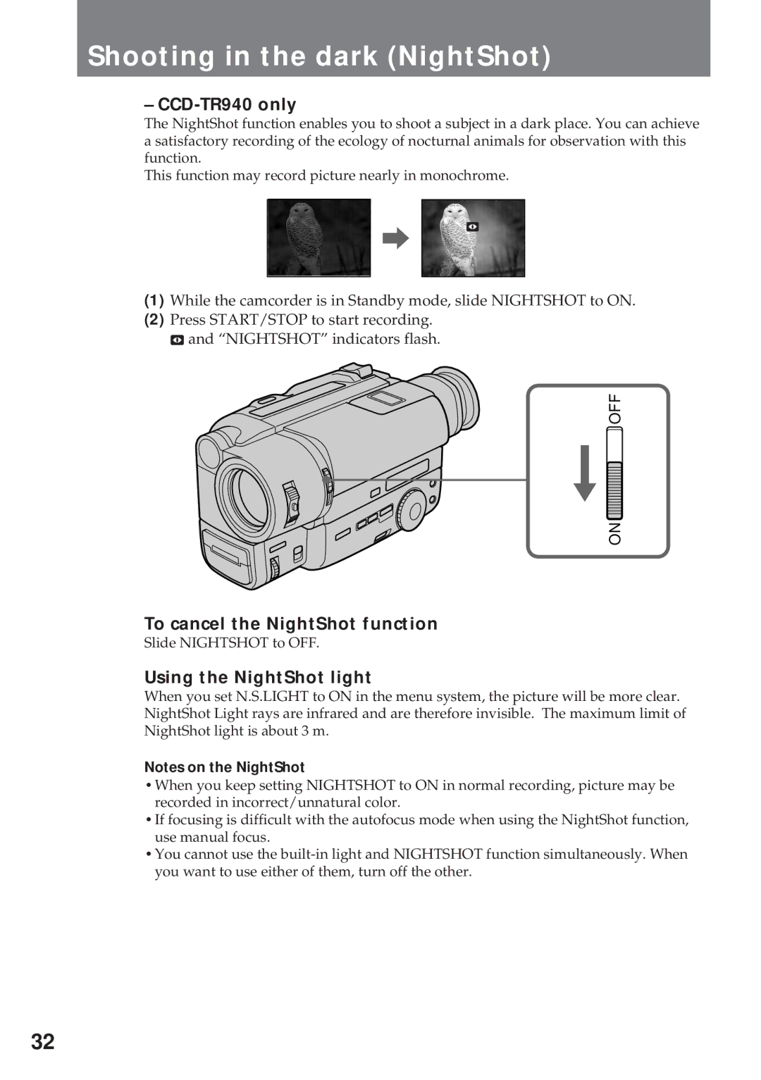 Sony CCD-TR311 Shooting in the dark NightShot, CCD-TR940 only, To cancel the NightShot function, Using the NightShot light 