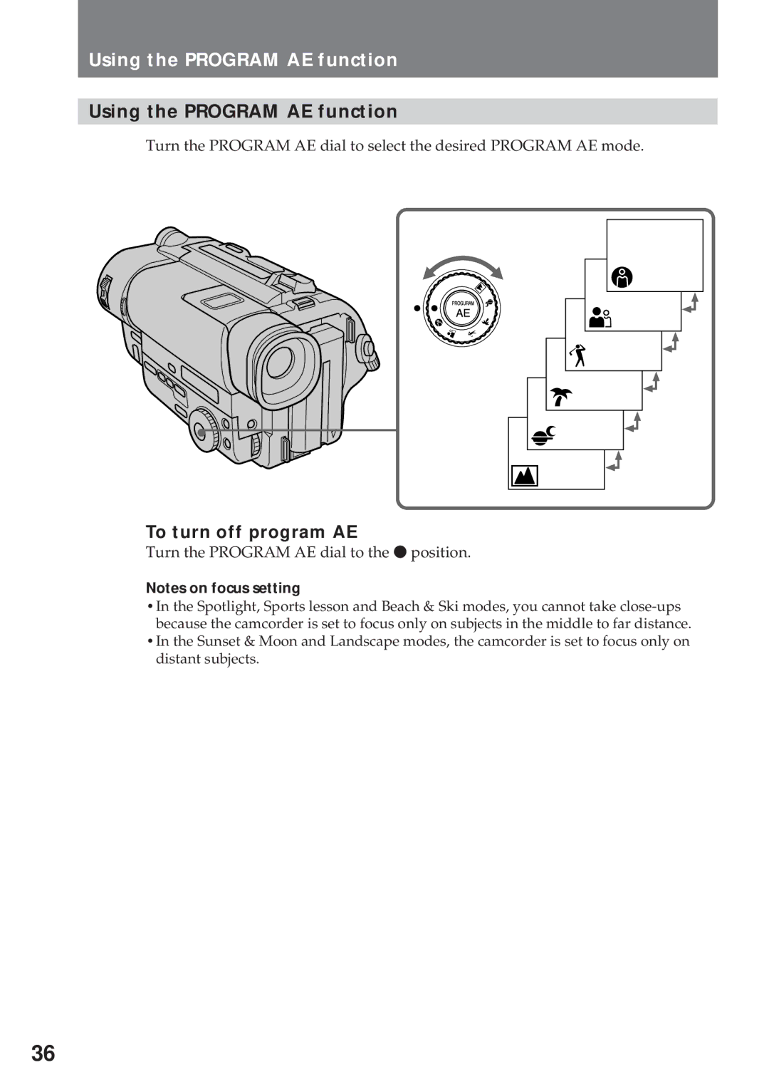 Sony CCD-TR311 operating instructions Using the Program AE function, To turn off program AE 