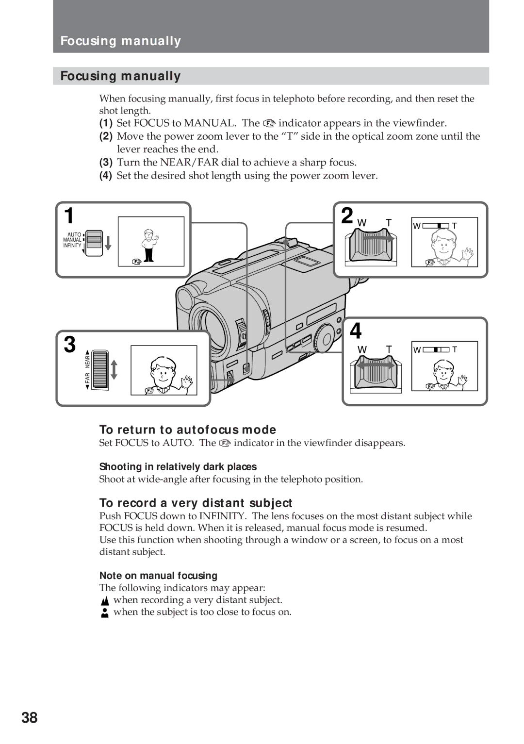 Sony CCD-TR311 operating instructions Focusing manually, To return to autofocus mode, To record a very distant subject 