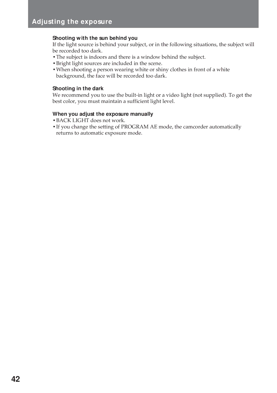 Sony CCD-TR311 operating instructions Adjusting the exposure, Shooting with the sun behind you, Shooting in the dark 