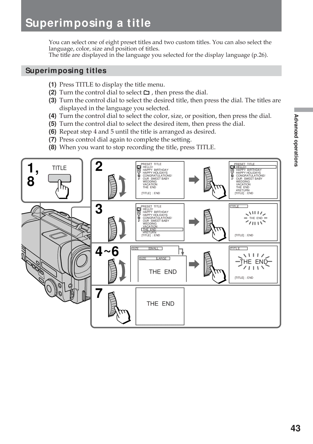 Sony CCD-TR311 operating instructions Superimposing a title, Superimposing titles 