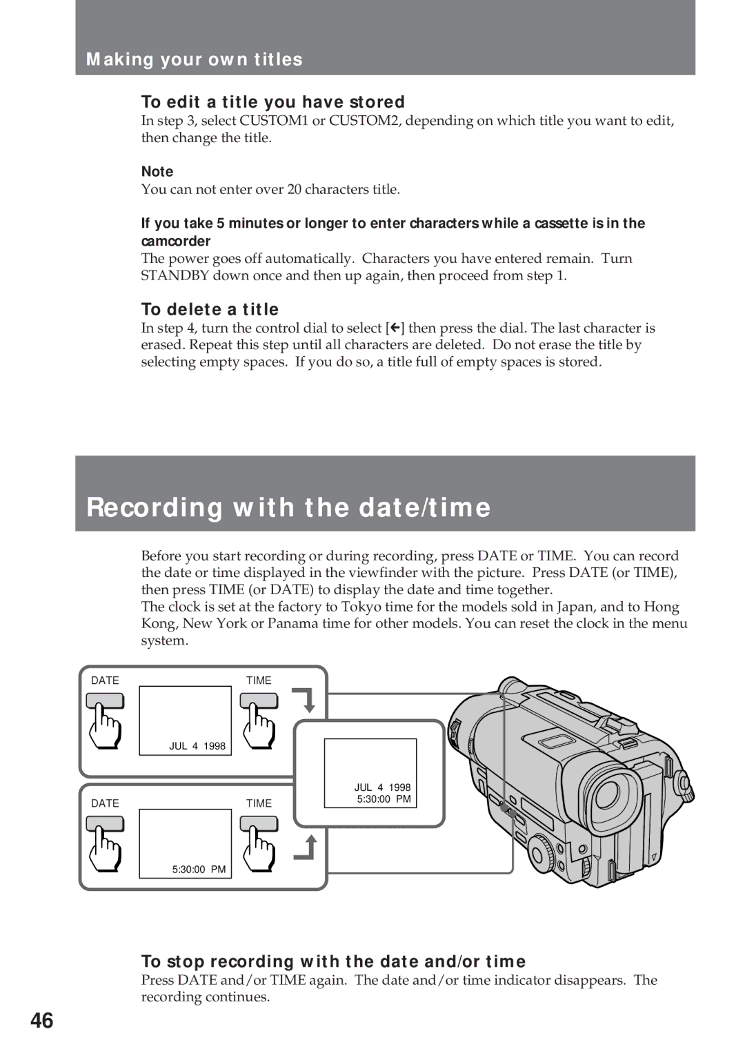 Sony CCD-TR311 Recording with the date/time, Making your own titles, To edit a title you have stored, To delete a title 