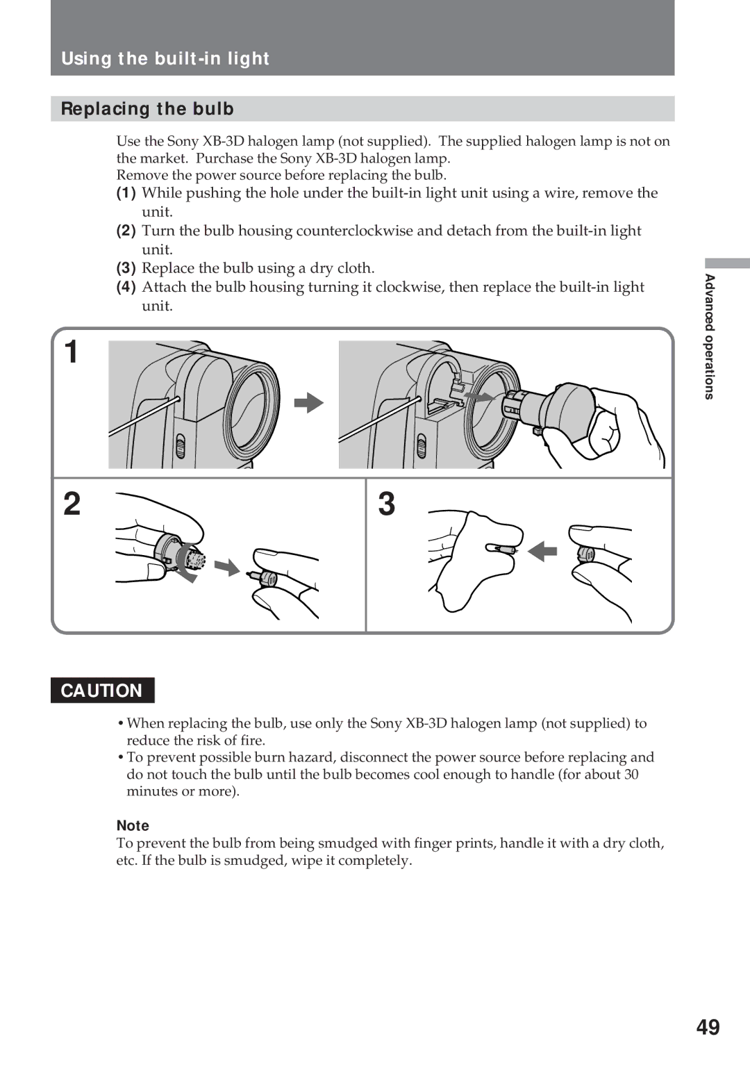 Sony CCD-TR311 operating instructions Using the built-in light, Replacing the bulb 