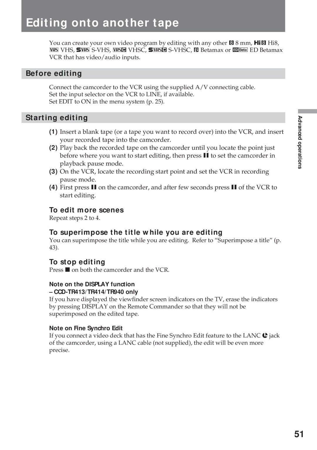 Sony CCD-TR311 operating instructions Editing onto another tape 