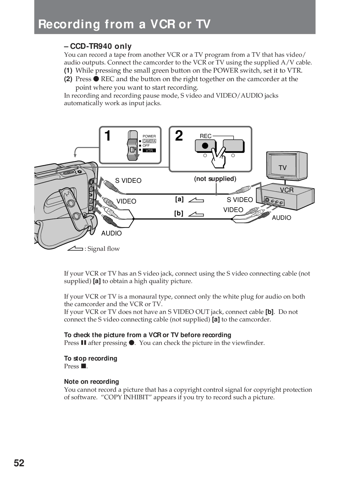 Sony CCD-TR311 Recording from a VCR or TV, To check the picture from a VCR or TV before recording, To stop recording 