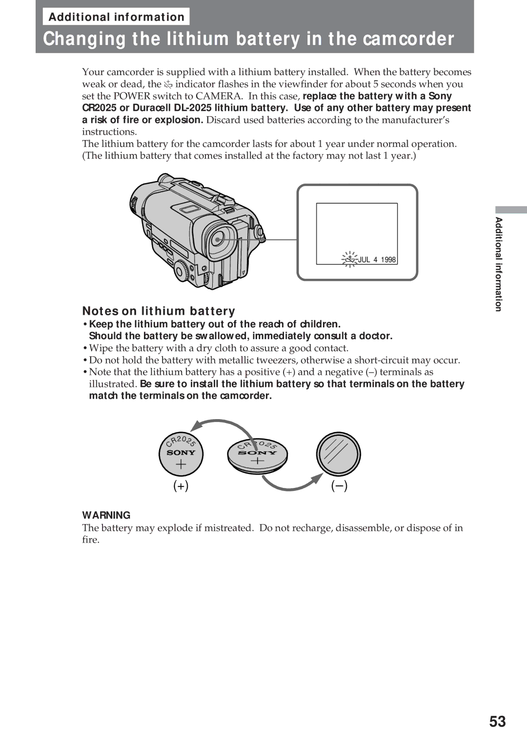 Sony CCD-TR311 operating instructions Changing the lithium battery in the camcorder 