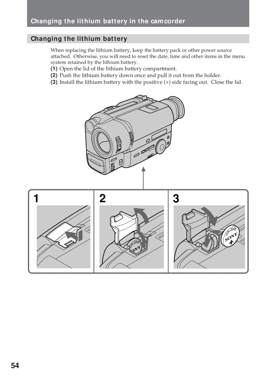 Sony CCD-TR311 operating instructions Changing the lithium battery in the camcorder 