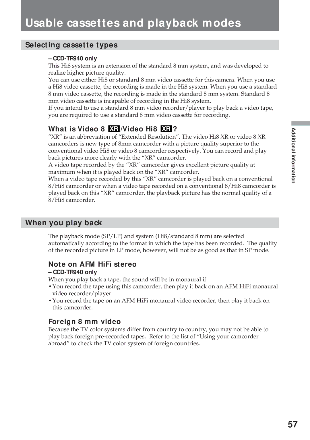 Sony CCD-TR311 Usable cassettes and playback modes, Selecting cassette types, What is Video 8 /Video Hi8 ? 