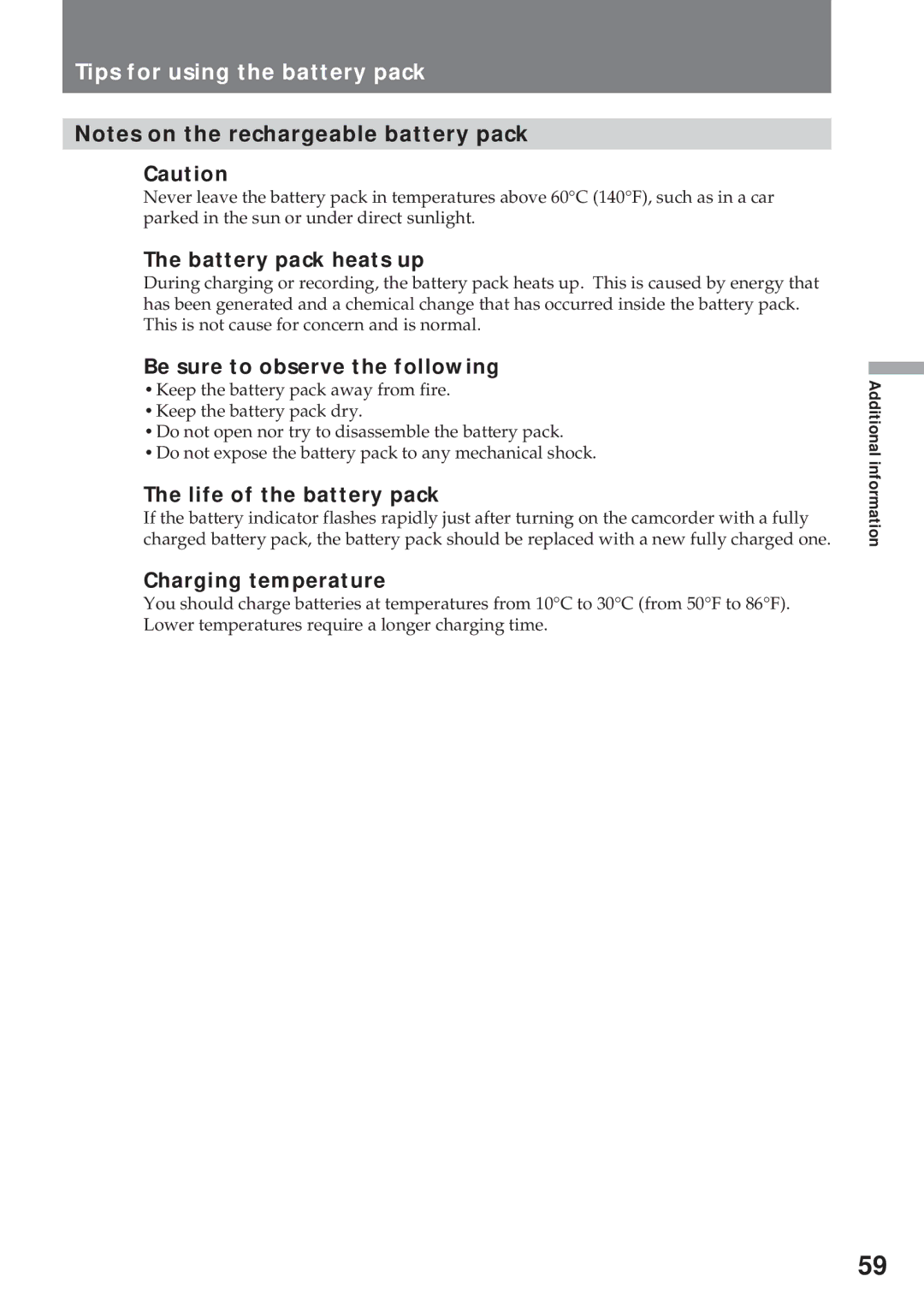 Sony CCD-TR311 Tips for using the battery pack, Battery pack heats up, Be sure to observe the following 