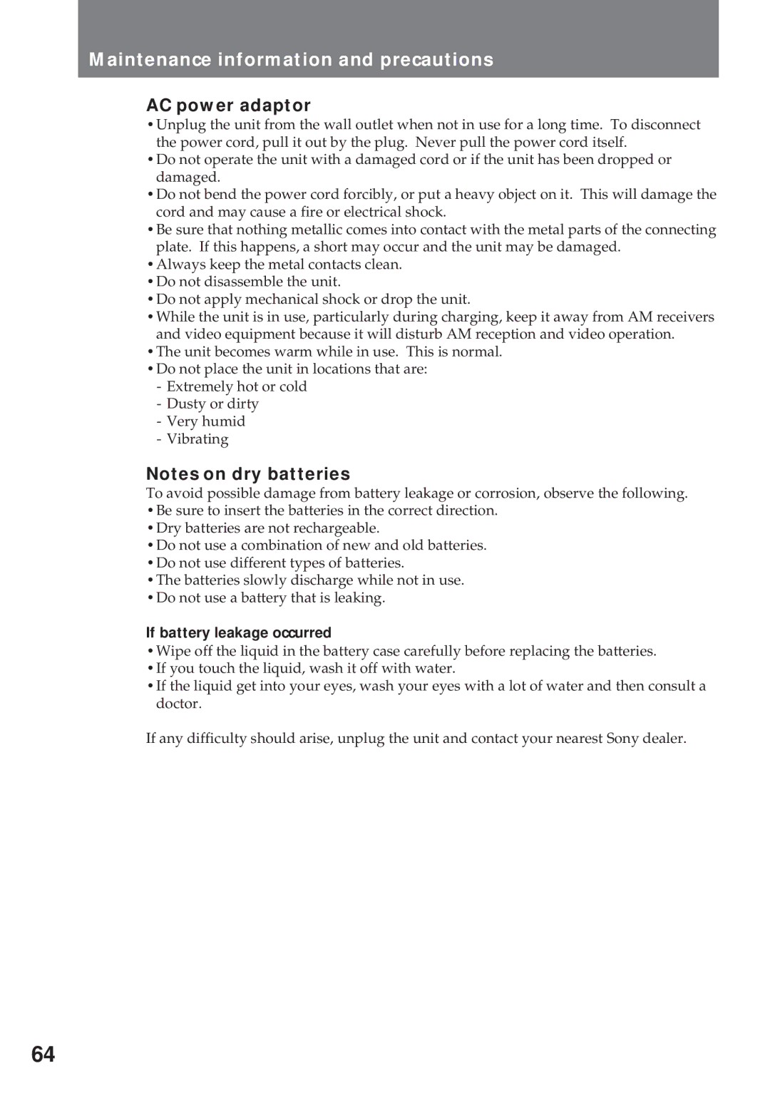 Sony CCD-TR311 operating instructions AC power adaptor, If battery leakage occurred 