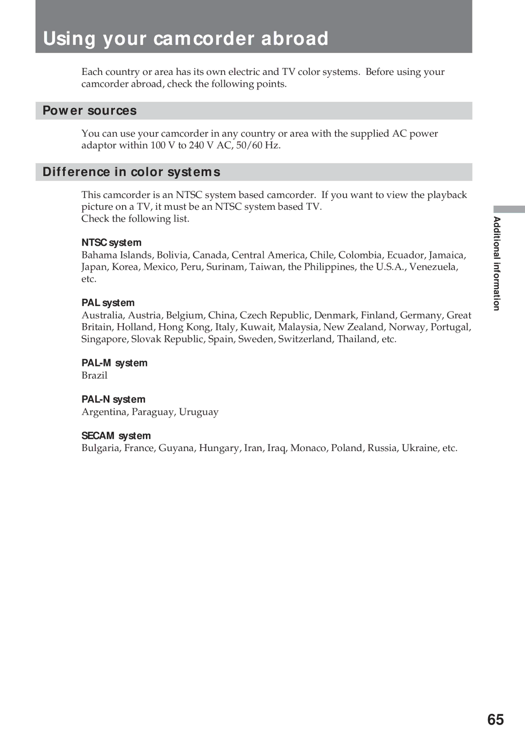 Sony CCD-TR311 operating instructions Using your camcorder abroad, Power sources, Difference in color systems 