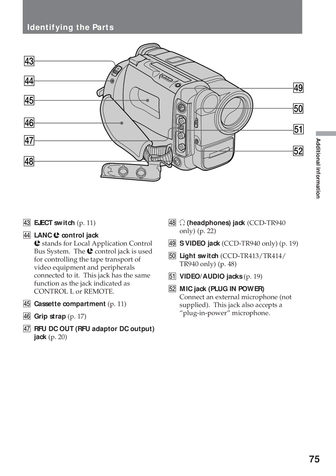 Sony CCD-TR311 operating instructions VIDEO/AUDIO jacks p, Additional information 