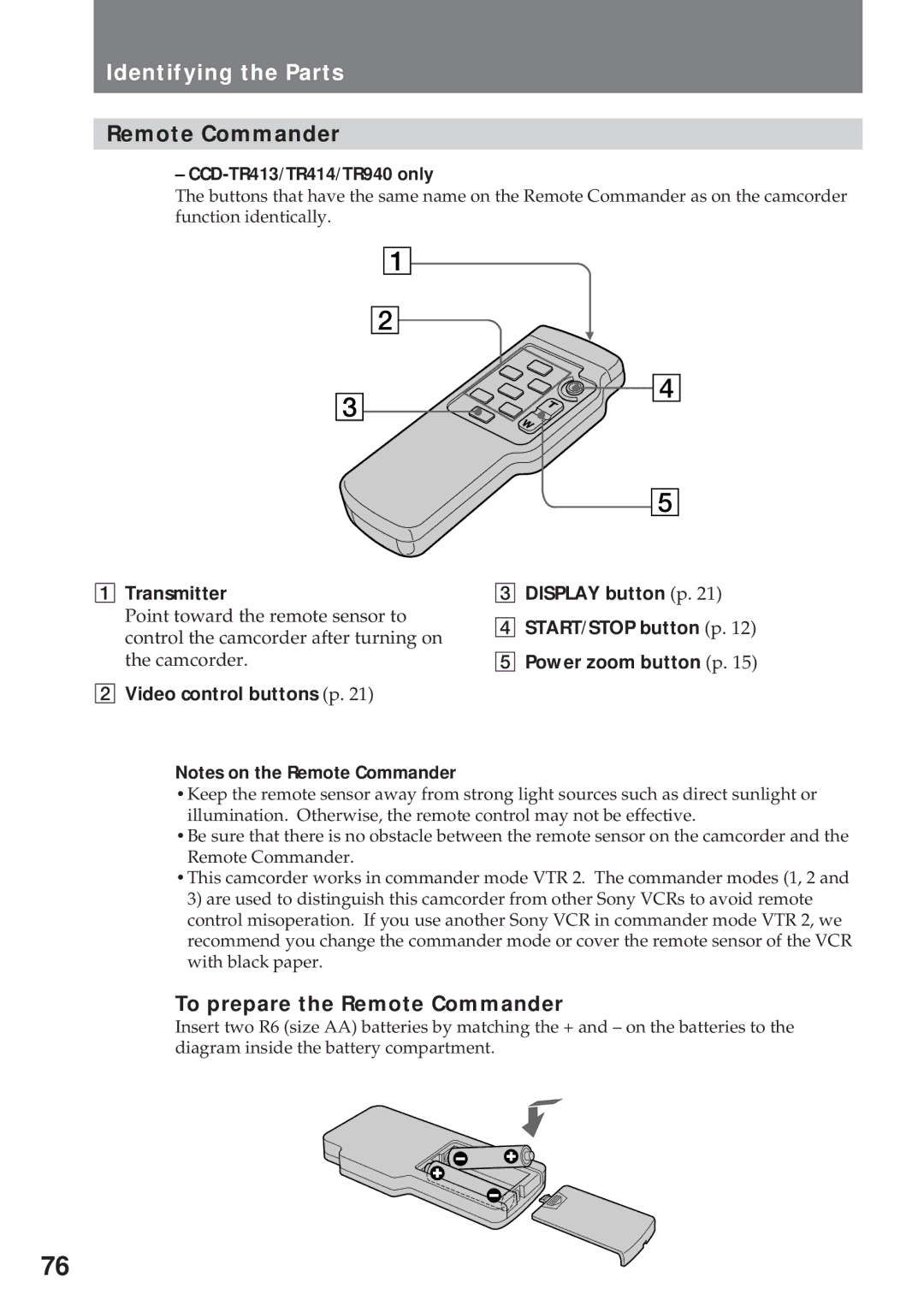 Sony CCD-TR311 operating instructions To prepare the Remote Commander, Transmitter 