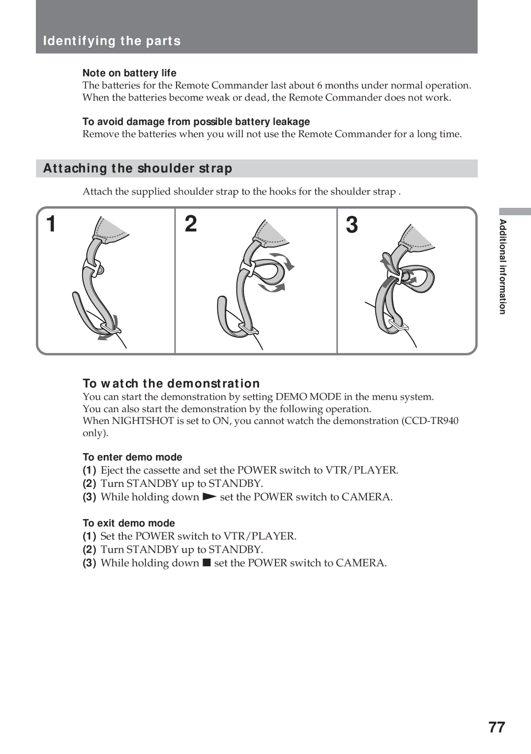 Sony CCD-TR311 Attaching the shoulder strap, To watch the demonstration, To avoid damage from possible battery leakage 