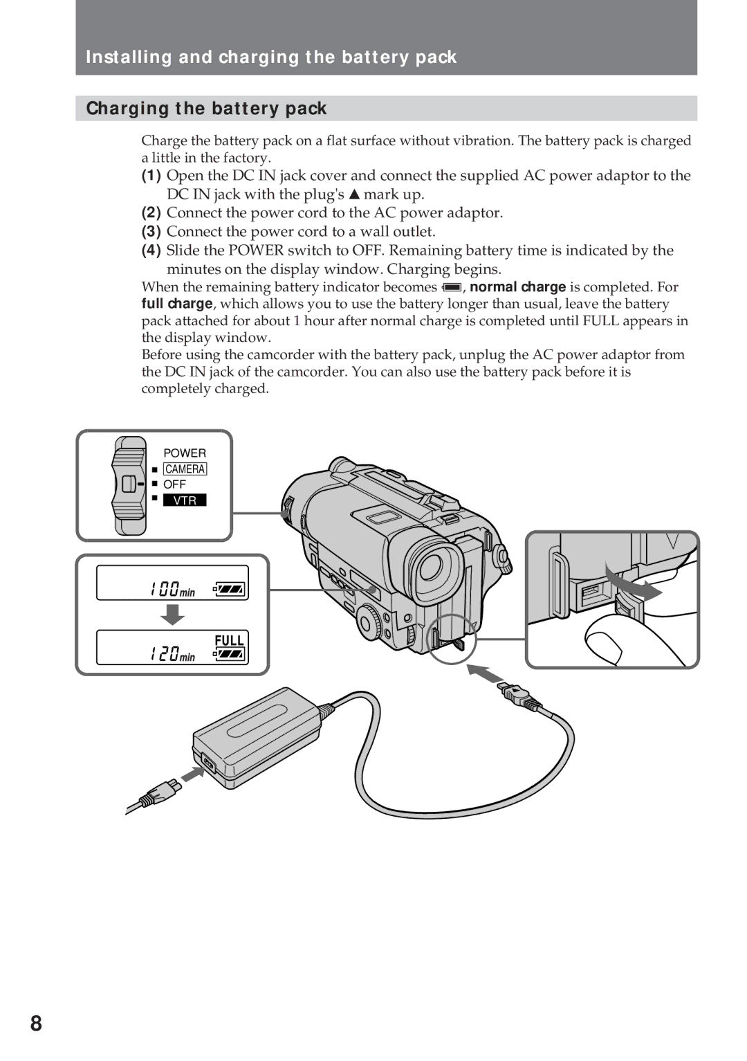 Sony CCD-TR311 operating instructions Installing and charging the battery pack, Charging the battery pack 