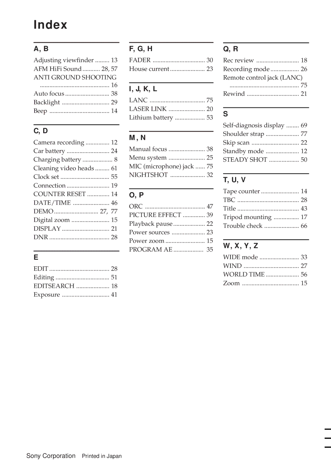 Sony CCD-TR311 operating instructions Index 