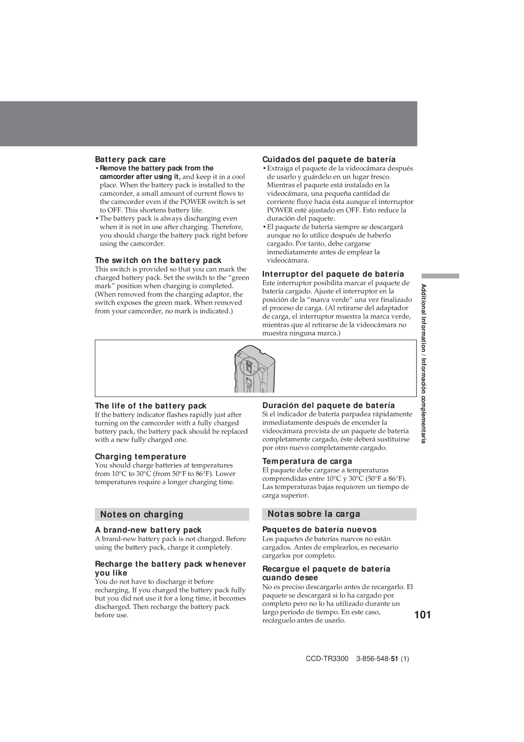 Sony CCD-TR3300 operating instructions Notas sobre la carga 