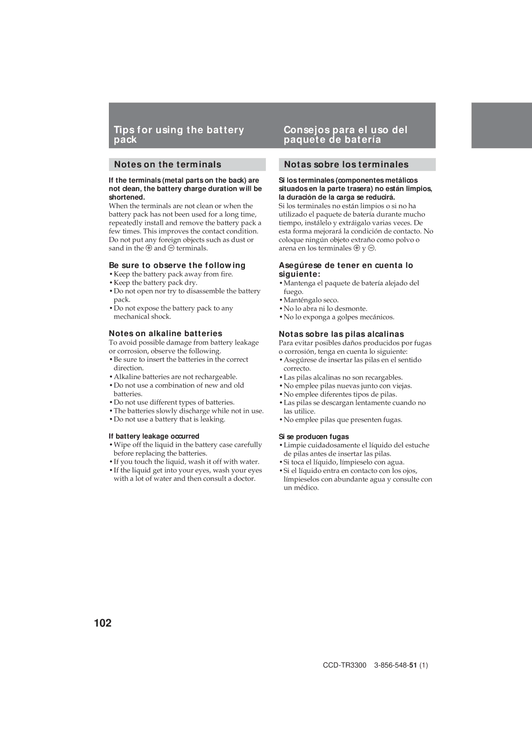 Sony CCD-TR3300 operating instructions 102, Tips for using the battery pack, Notas sobre los terminales 