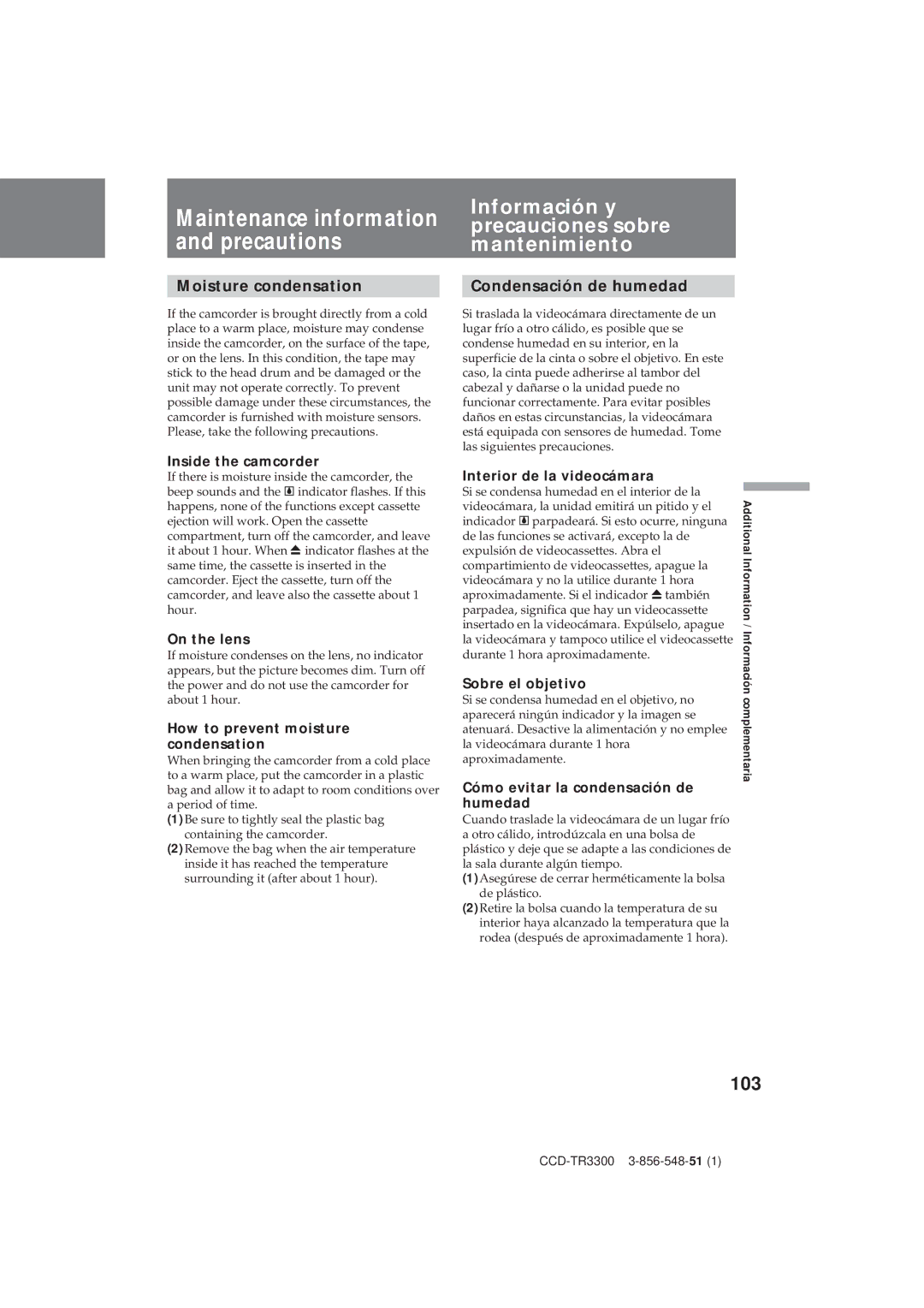 Sony CCD-TR3300 operating instructions 103, Moisture condensation Condensación de humedad 