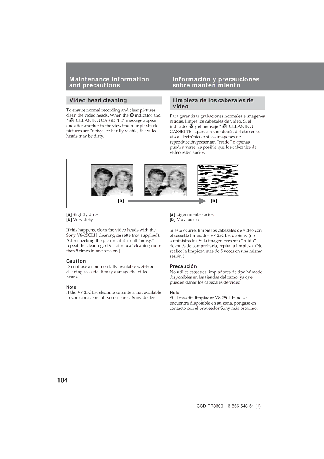 Sony CCD-TR3300 operating instructions 104, Video head cleaning, Limpieza de los cabezales de vídeo, Nota 