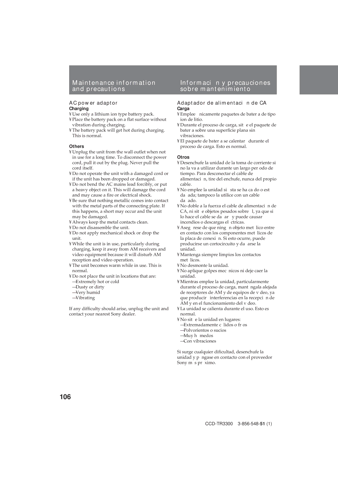 Sony CCD-TR3300 operating instructions 106, AC power adaptor, Adaptador de alimentación de CA 