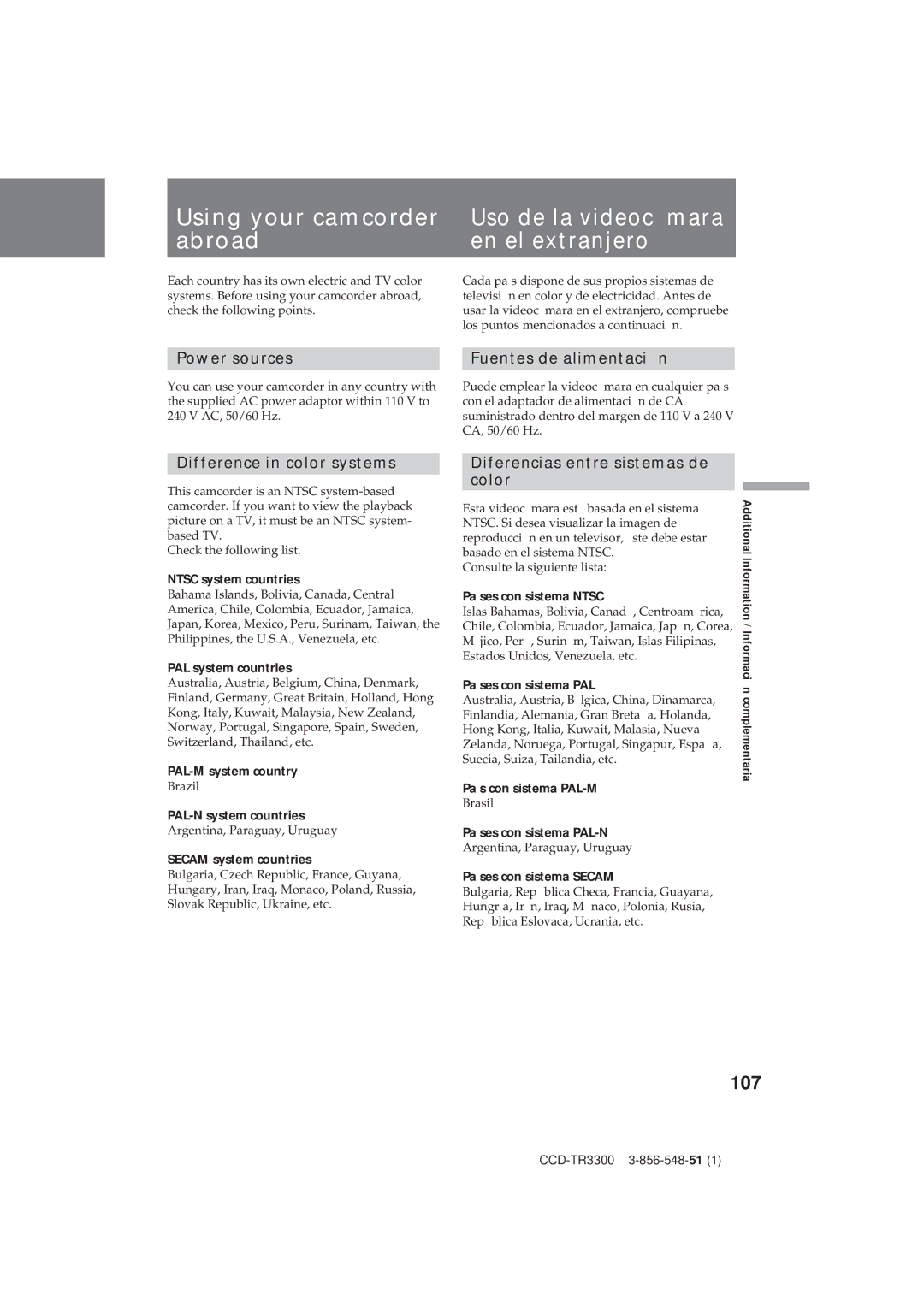 Sony CCD-TR3300 operating instructions 107, Power sources Fuentes de alimentación, Difference in color systems 