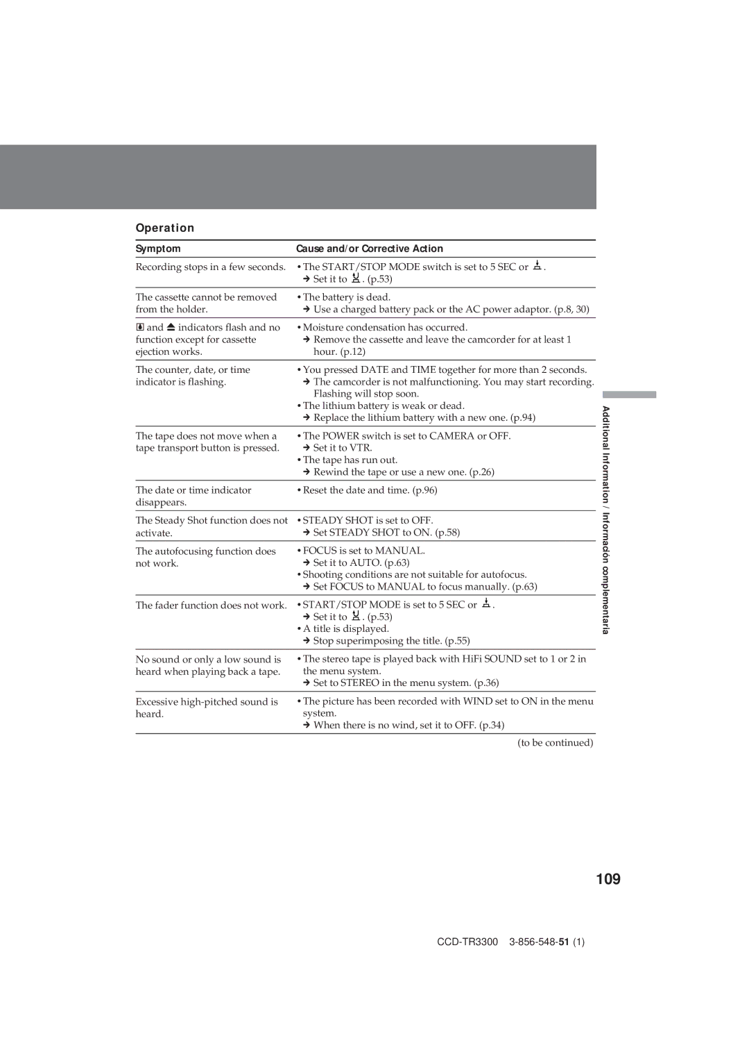 Sony CCD-TR3300 operating instructions 109, Operation 