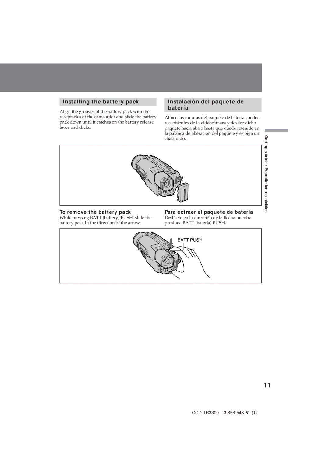 Sony CCD-TR3300 operating instructions Installing the battery pack, Instalación del paquete de batería 