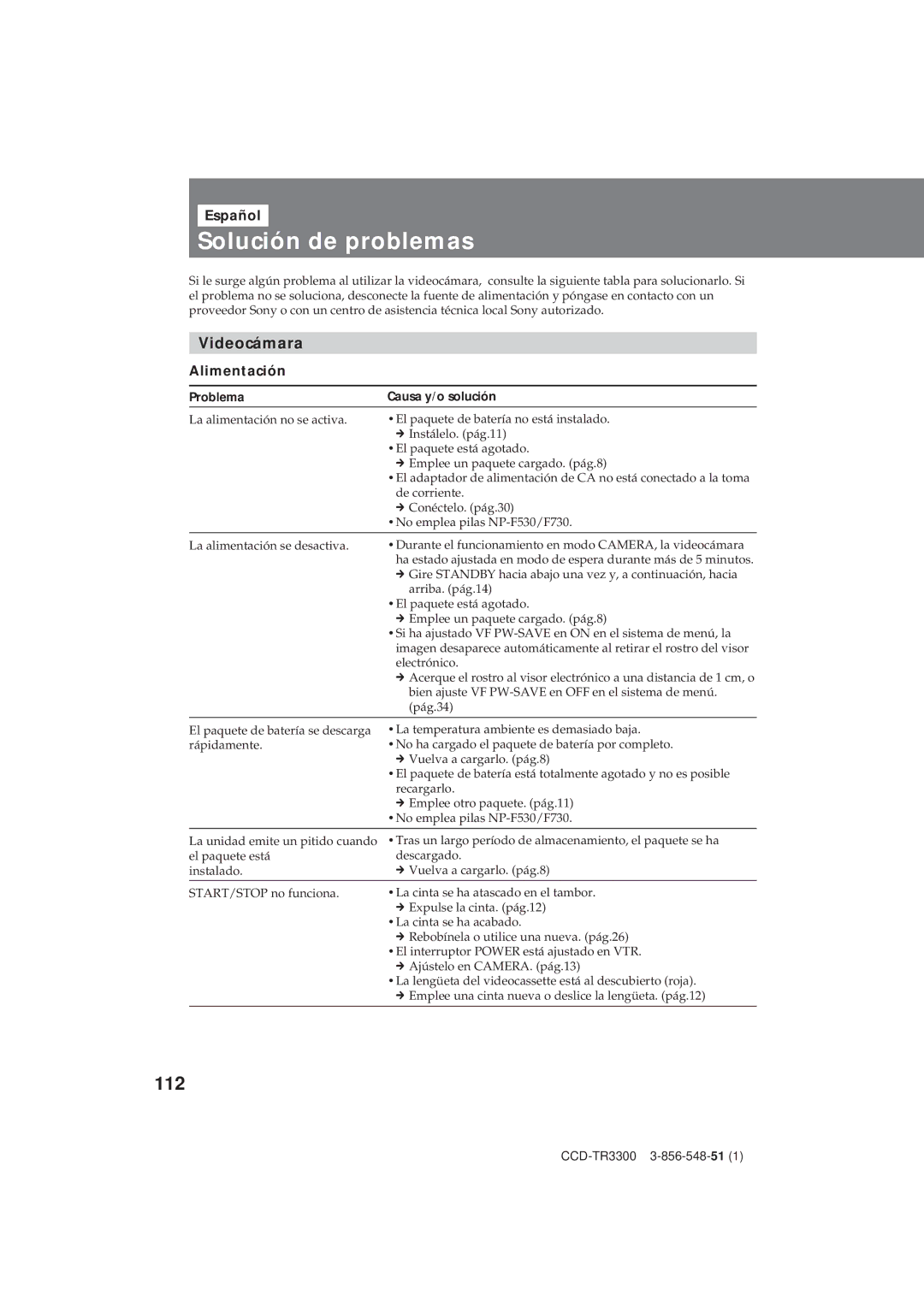 Sony CCD-TR3300 operating instructions Solución de problemas, 112, Videocámara, Alimentación, Problema Causa y/o solución 