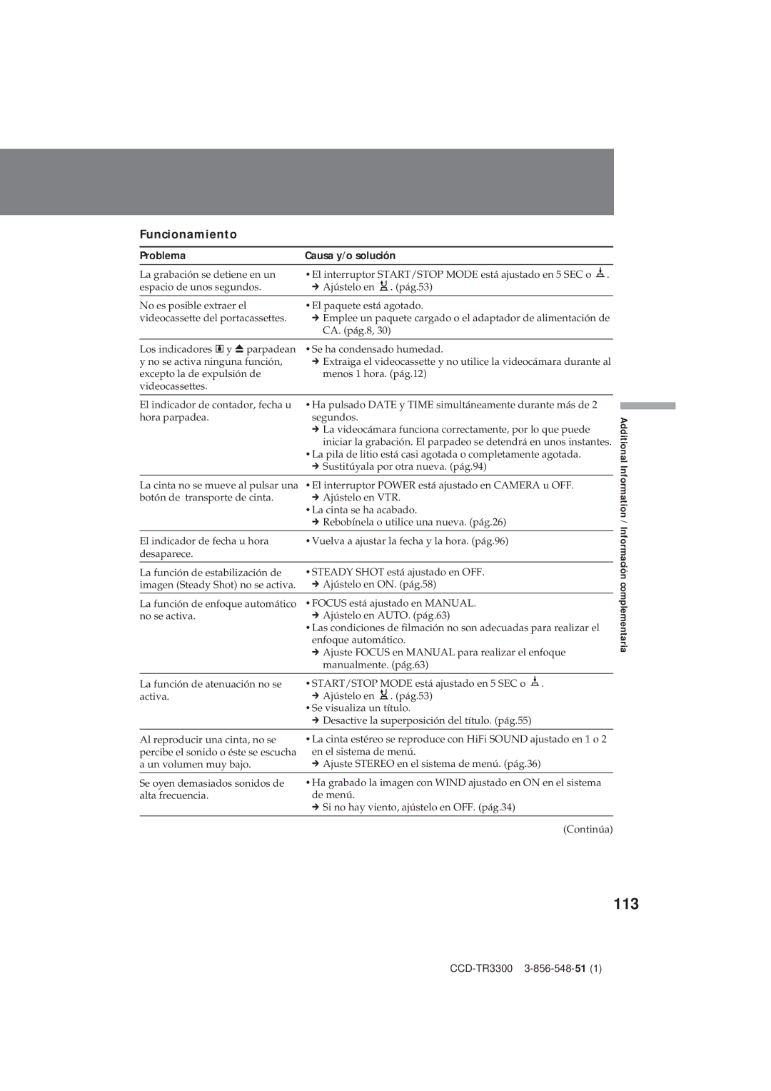 Sony CCD-TR3300 operating instructions 113, Funcionamiento 