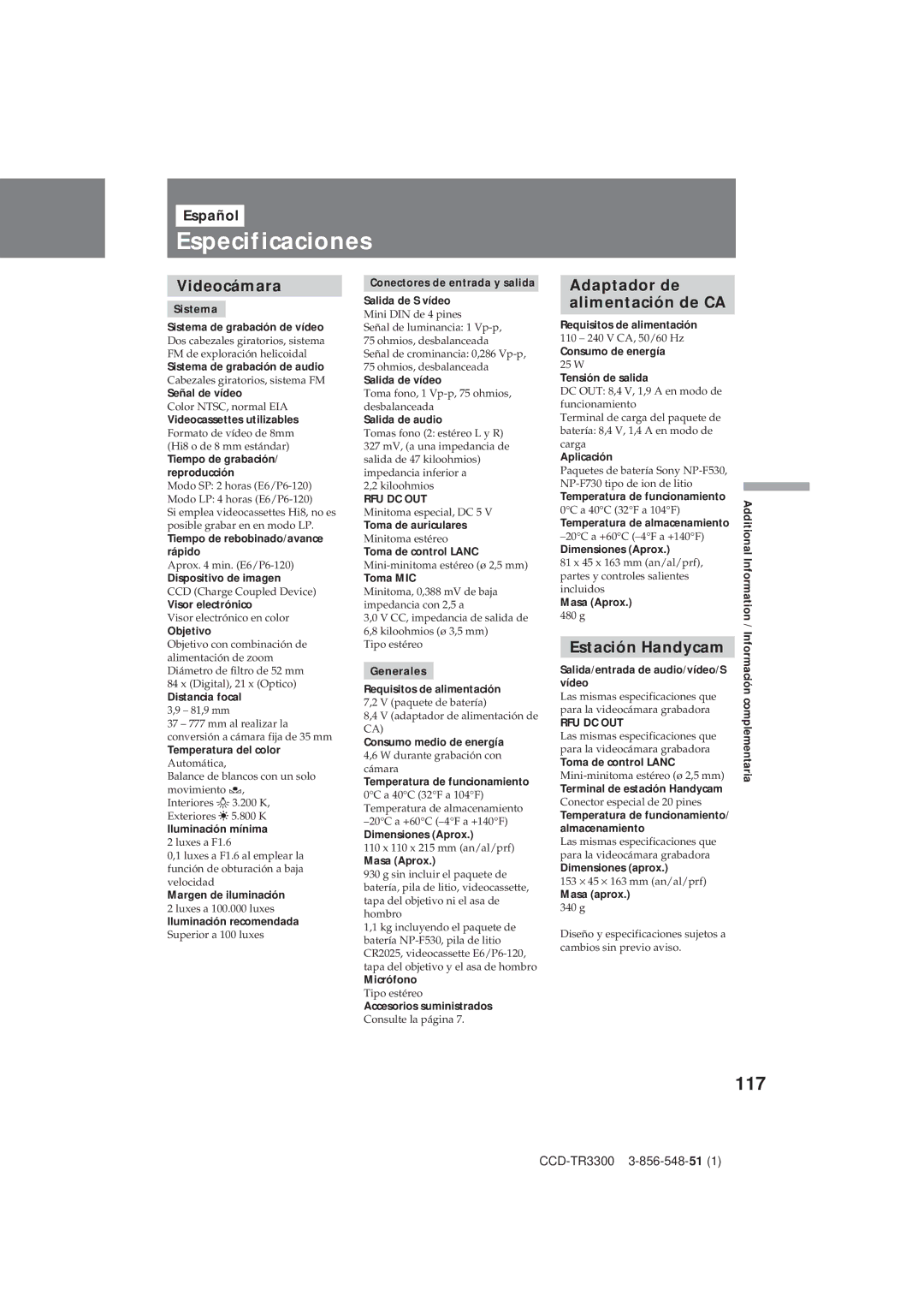 Sony CCD-TR3300 operating instructions Especificaciones, 117, Estación Handycam 