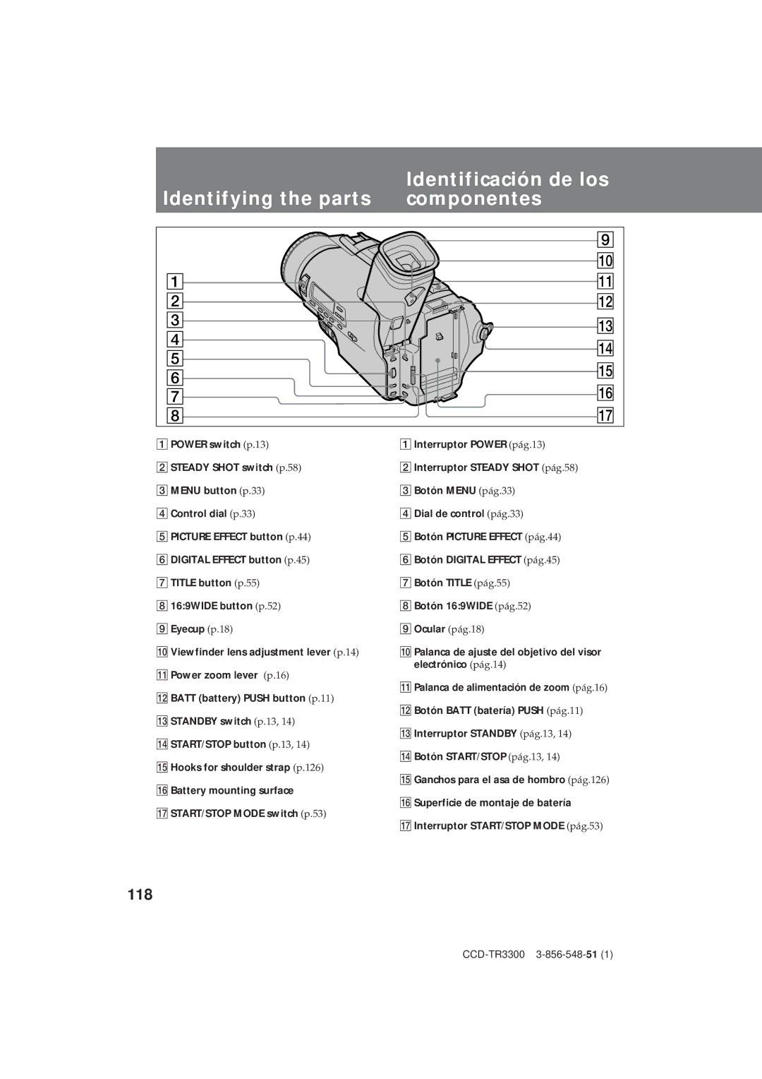 Sony CCD-TR3300 Identificación de los Identifying the parts componentes, 118, Interruptor START/STOP Mode pág.53 