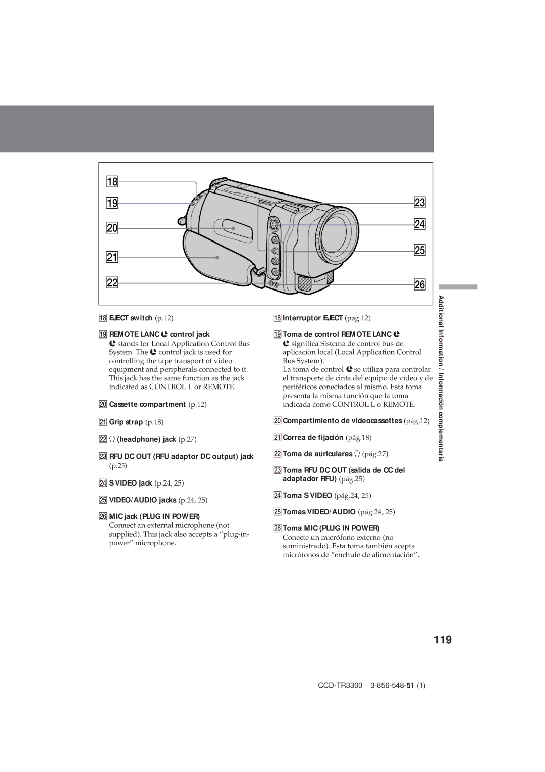 Sony CCD-TR3300 operating instructions 119, ¥EJECT switch p.12 »REMOTE Lanc l control jack 