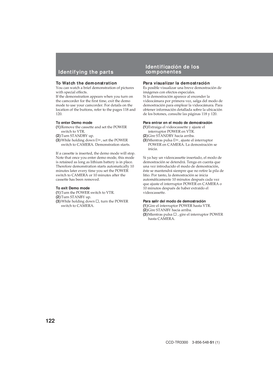 Sony CCD-TR3300 122, Identifying the parts, Identificación de los componentes, To Watch the demonstration 