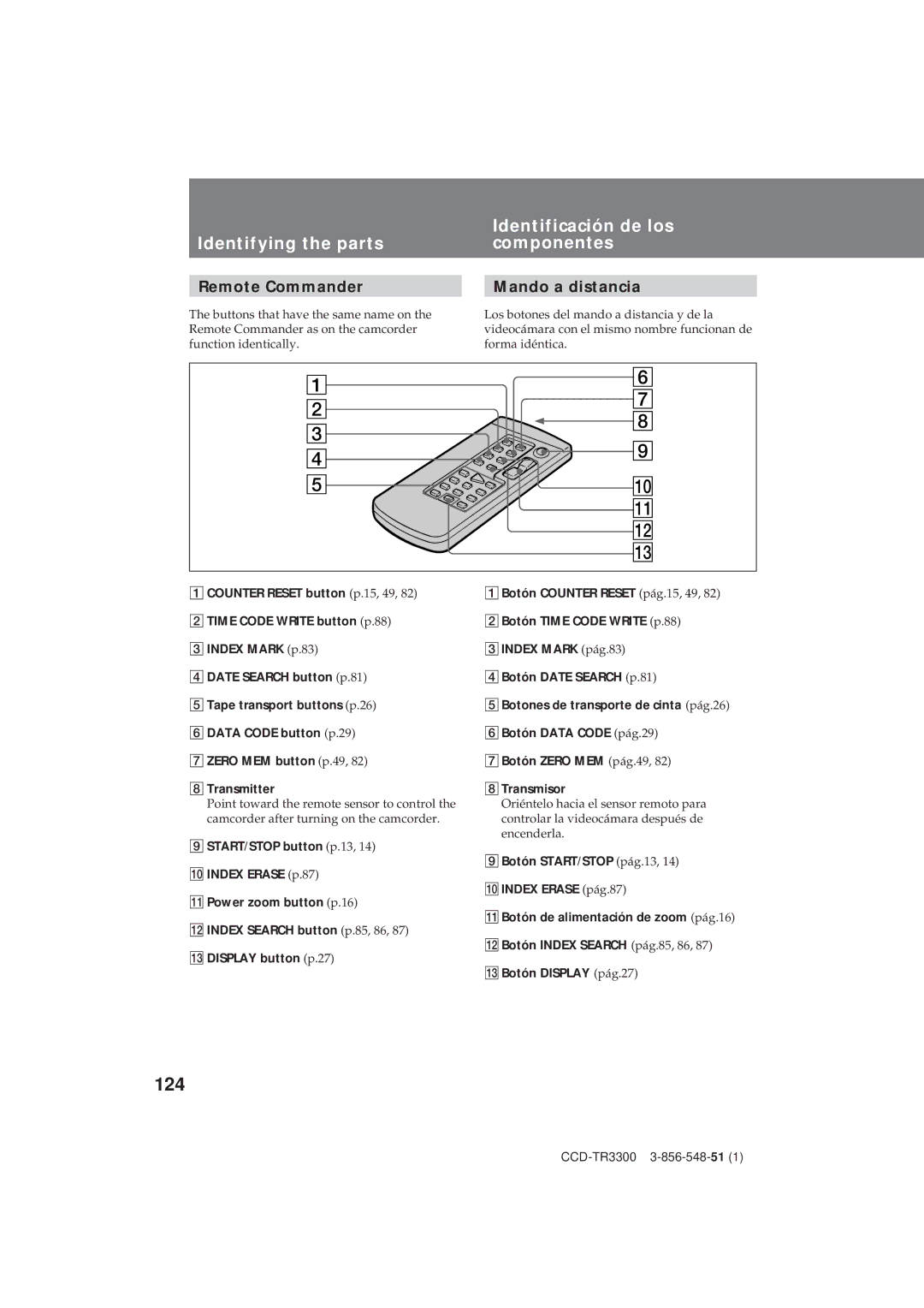 Sony CCD-TR3300 operating instructions 124, Remote Commander, Mando a distancia 