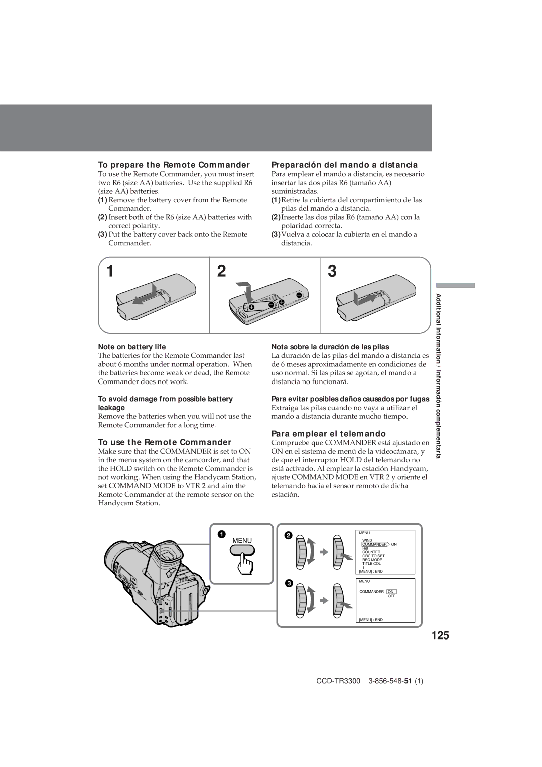 Sony CCD-TR3300 125, To prepare the Remote Commander, Preparación del mando a distancia, To use the Remote Commander 