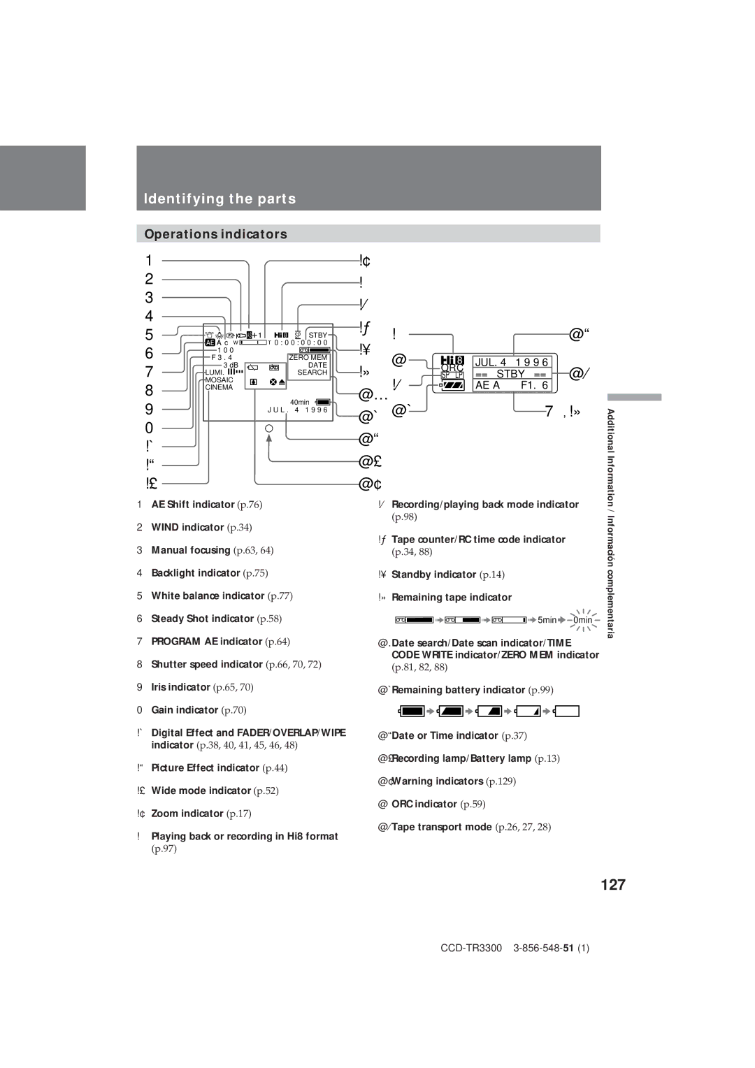 Sony CCD-TR3300 operating instructions 127, Operations indicators 