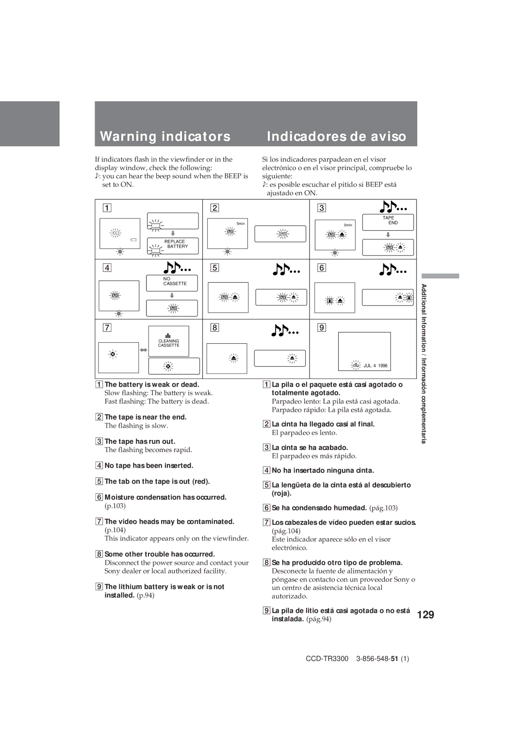 Sony CCD-TR3300 operating instructions Indicadores de aviso, 129 