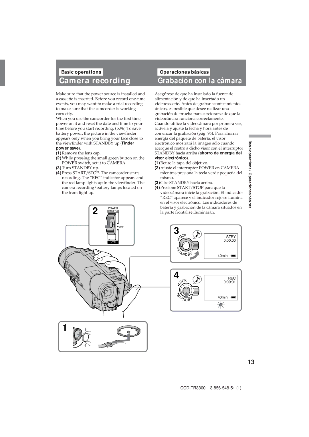 Sony CCD-TR3300 operating instructions Camera recording, Basic operations Operaciones básicas 