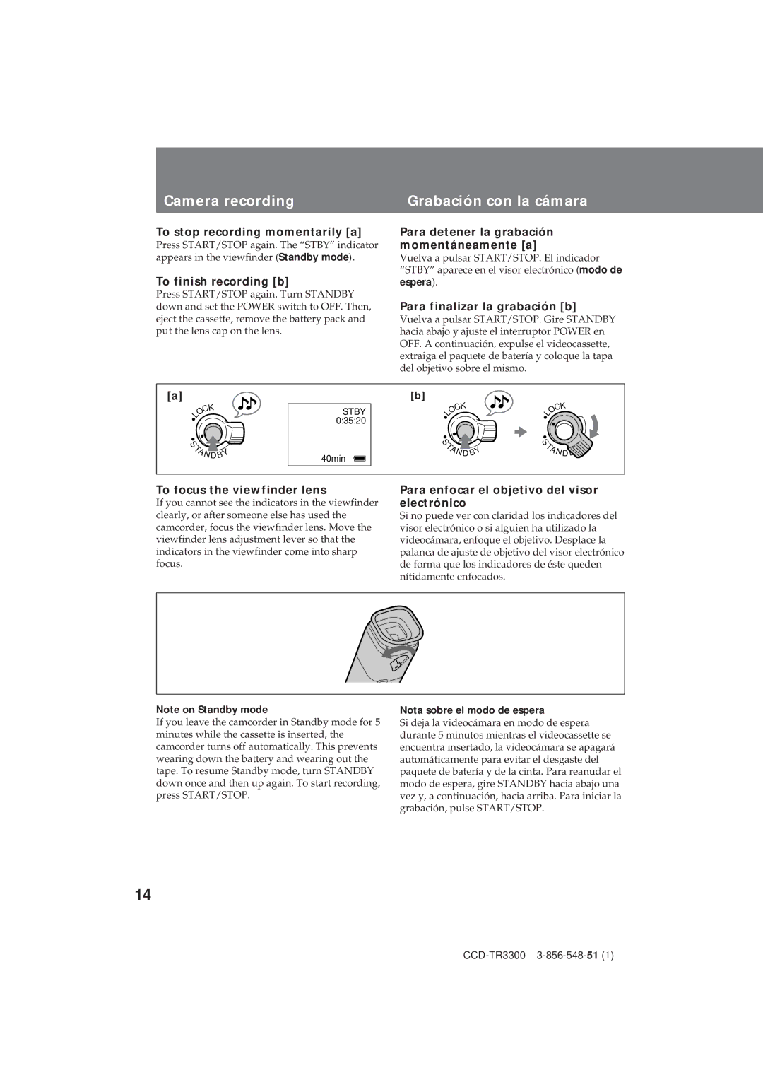 Sony CCD-TR3300 operating instructions Camera recording, Grabación con la cámara 