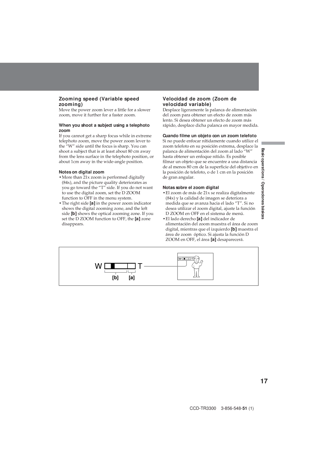 Sony CCD-TR3300 operating instructions Zooming speed Variable speed zooming, Velocidad de zoom Zoom de velocidad variable 